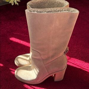 Dolce Vita Beige Suede Shearling-Lined Mid-Calf Heeled Boots